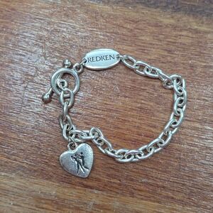Vintage Redken Hope Silver Tone Heart Charm Link Bracelet Toggle Clasp 8"